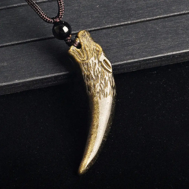 Buddha Stones Natural Black Obsidian Ice Obsidian Rainbow Obsidian Wolf Tooth Pattern Strength Necklace Pendant