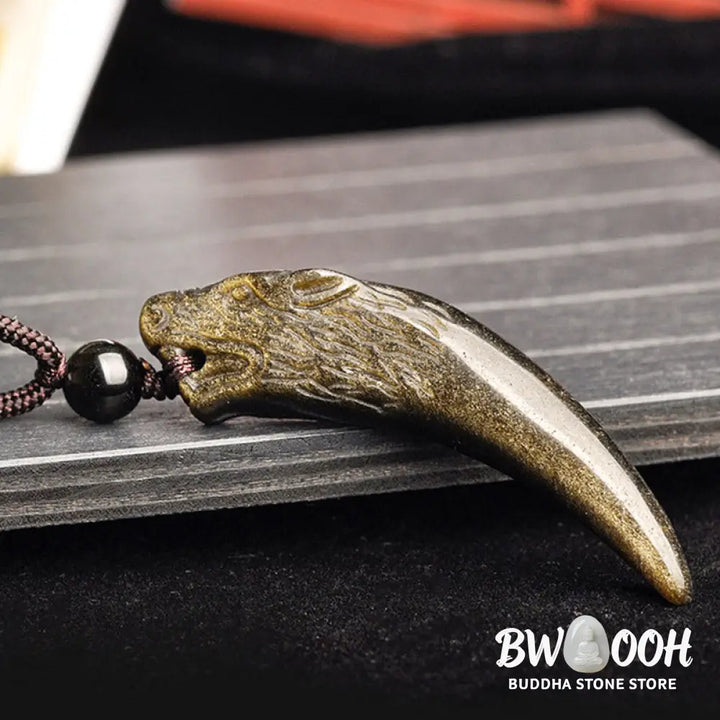 Buddha Stones Natural Black Obsidian Ice Obsidian Rainbow Obsidian Wolf Tooth Pattern Strength Necklace Pendant