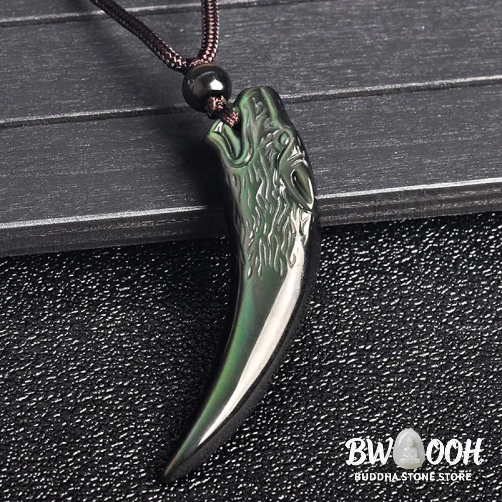Buddha Stones Natural Black Obsidian Ice Obsidian Rainbow Obsidian Wolf Tooth Pattern Strength Necklace Pendant