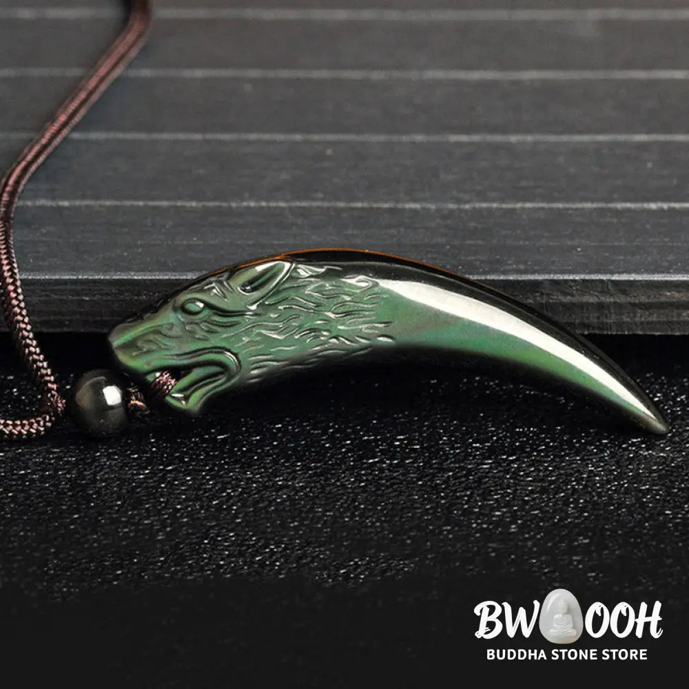 Buddha Stones Natural Black Obsidian Ice Obsidian Rainbow Obsidian Wolf Tooth Pattern Strength Necklace Pendant