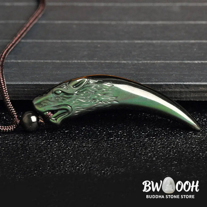 Buddha Stones Natural Black Obsidian Ice Obsidian Rainbow Obsidian Wolf Tooth Pattern Strength Necklace Pendant