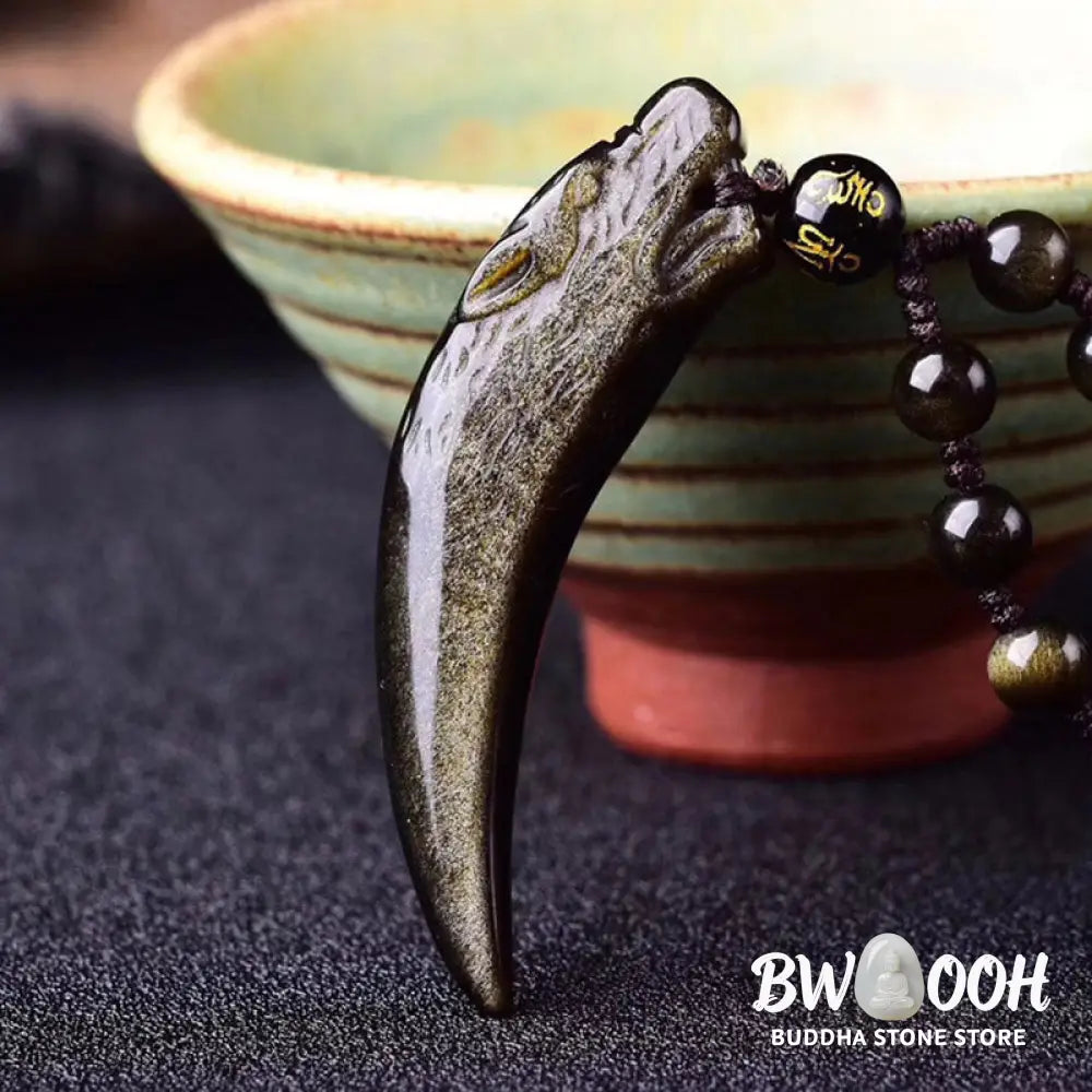 Buddha Stones Natural Black Obsidian Ice Obsidian Rainbow Obsidian Wolf Tooth Pattern Strength Necklace Pendant