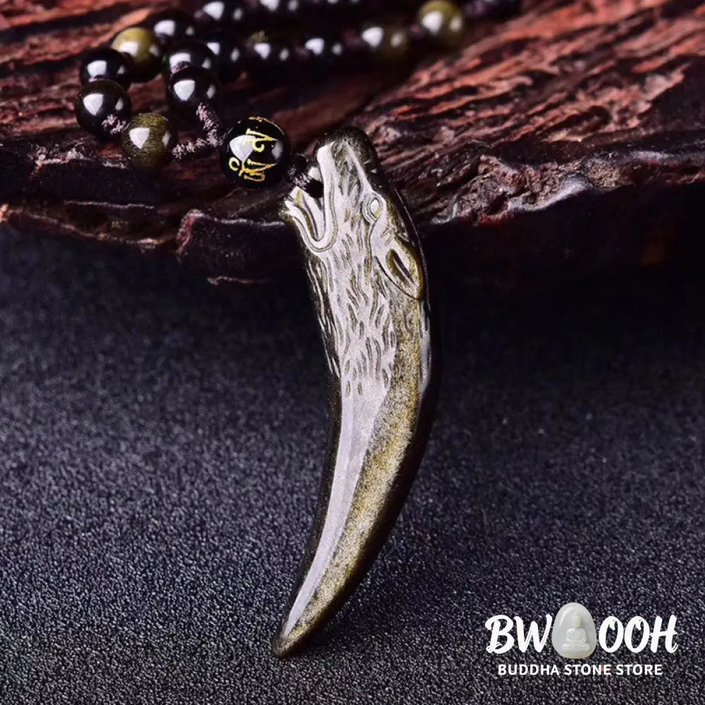 Buddha Stones Natural Black Obsidian Ice Obsidian Rainbow Obsidian Wolf Tooth Pattern Strength Necklace Pendant