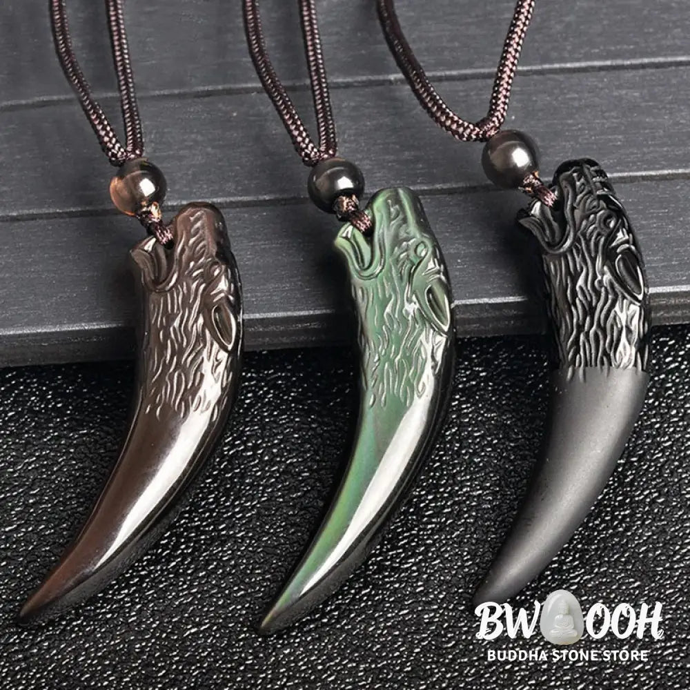 Buddha Stones Natural Black Obsidian Ice Obsidian Rainbow Obsidian Wolf Tooth Pattern Strength Necklace Pendant