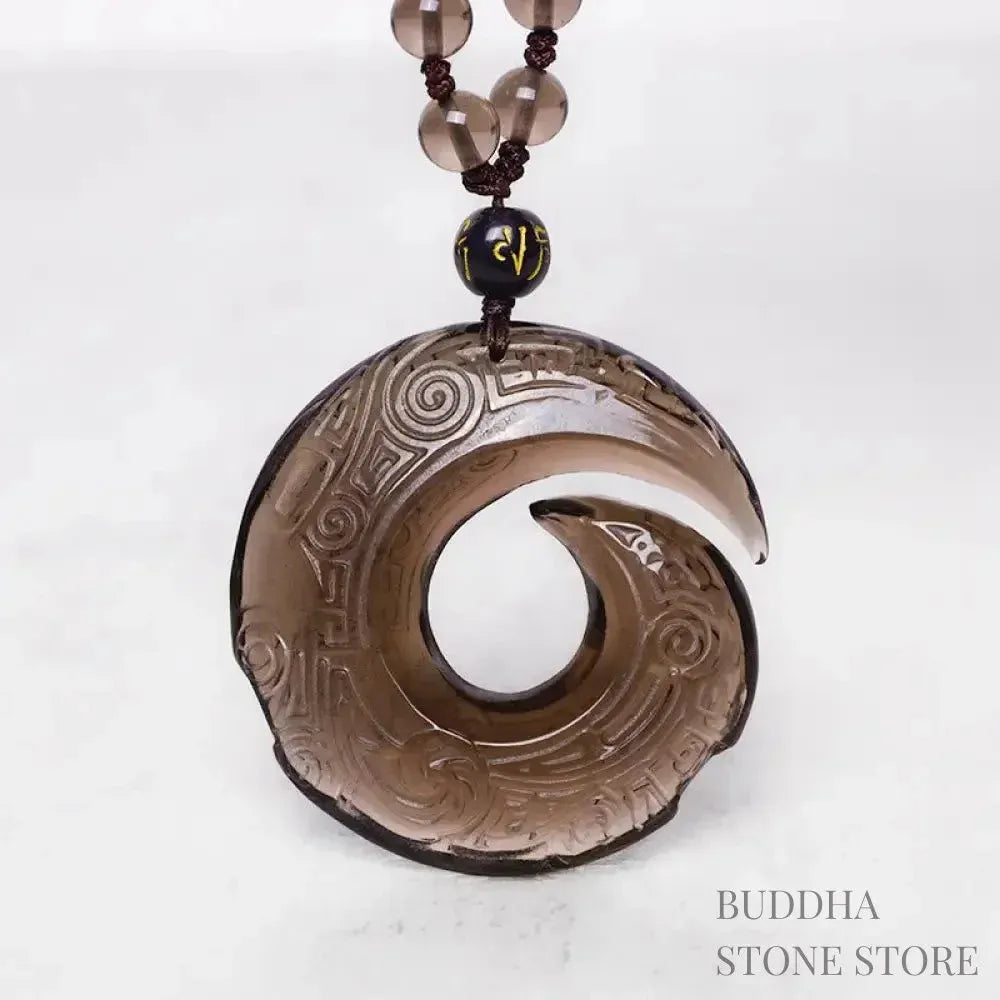 BWOOOH Natural Black Obsidian and Ice Obsidian Peace Buckle Strength Necklace Pendant, showcasing a polished black obsidian stone adjacent to a translucent ice obsidian peace buckle on an adjustable cord. - View 7