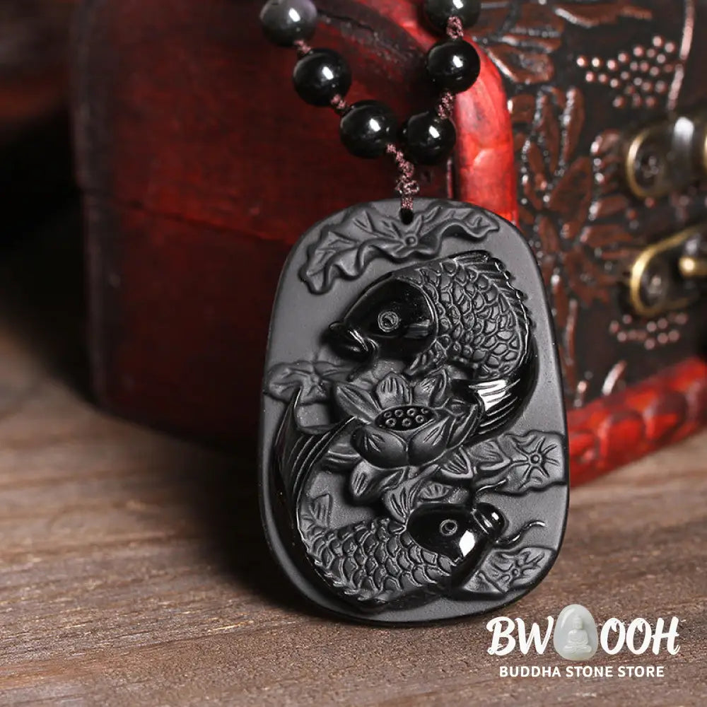Buddha Stones Natural Black Obsidian Koi Fish Lotus Strength Beaded Necklace Pendant - BWOOOH - Koi
