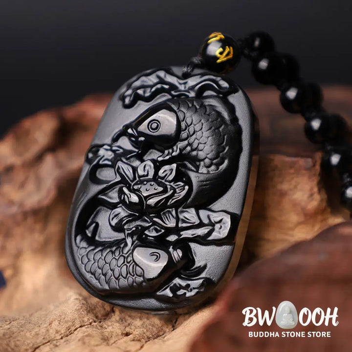 Buddha Stones Natural Black Obsidian Koi Fish Lotus Strength Beaded Necklace Pendant - BWOOOH - Koi