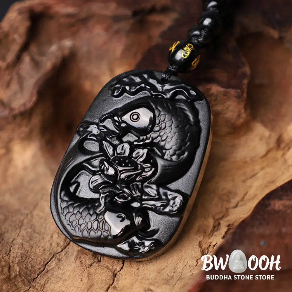 Buddha Stones Natural Black Obsidian Koi Fish Lotus Strength Beaded Necklace Pendant - BWOOOH - Koi