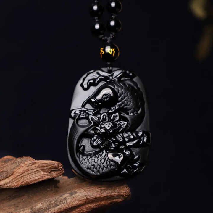 BWOOOH natural black obsidian koi fish lotus strength beaded necklace pendant