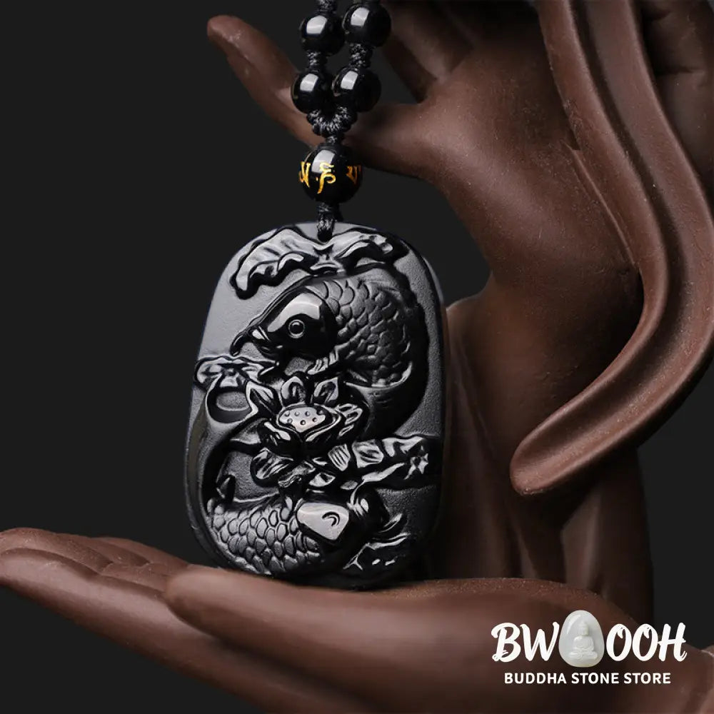 Buddha Stones Natural Black Obsidian Koi Fish Lotus Strength Beaded Necklace Pendant - BWOOOH - Koi