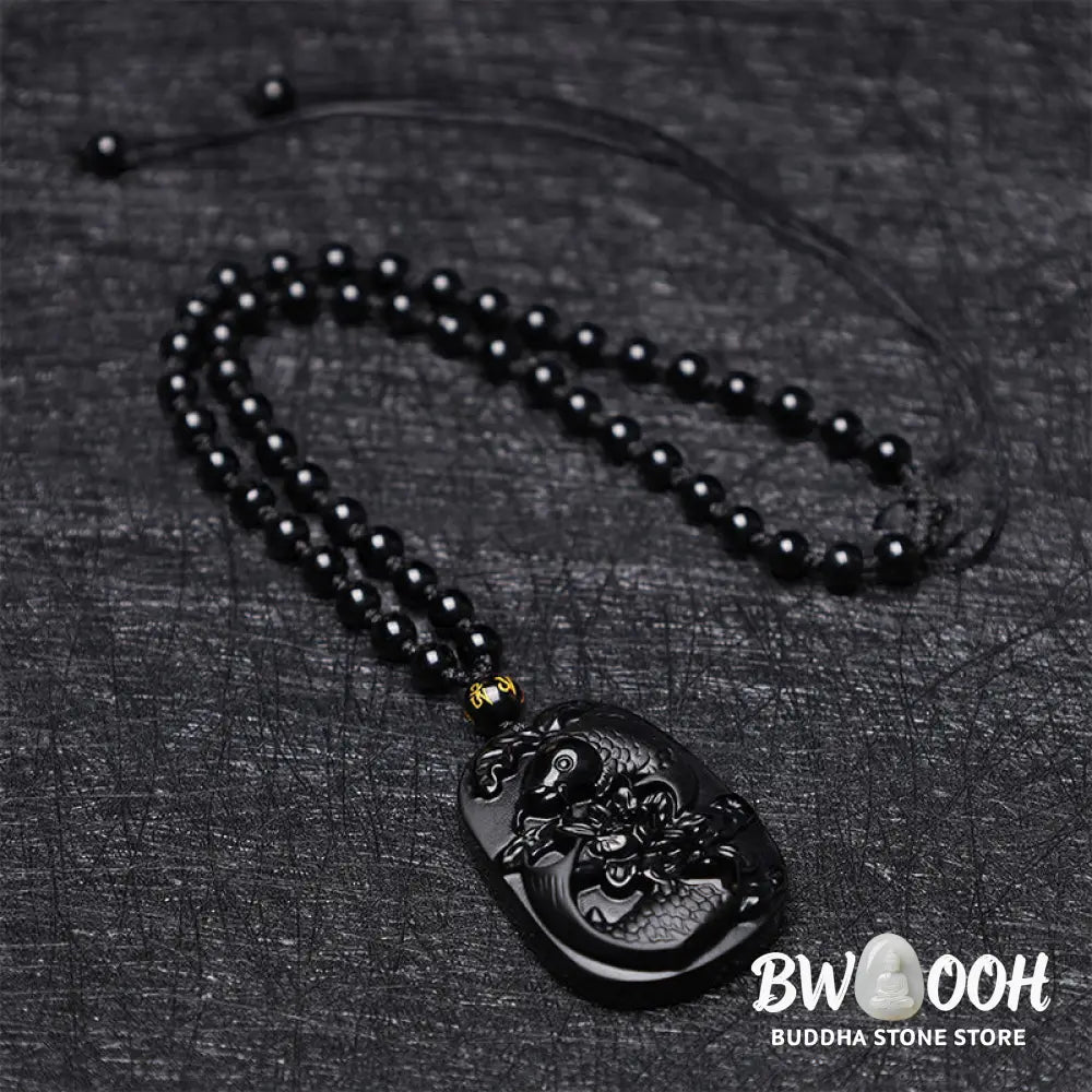 Buddha Stones Natural Black Obsidian Koi Fish Lotus Strength Beaded Necklace Pendant - BWOOOH - Koi