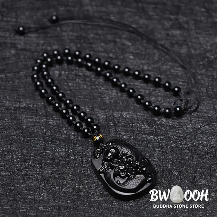 Buddha Stones Natural Black Obsidian Koi Fish Lotus Strength Beaded Necklace Pendant - BWOOOH - Koi