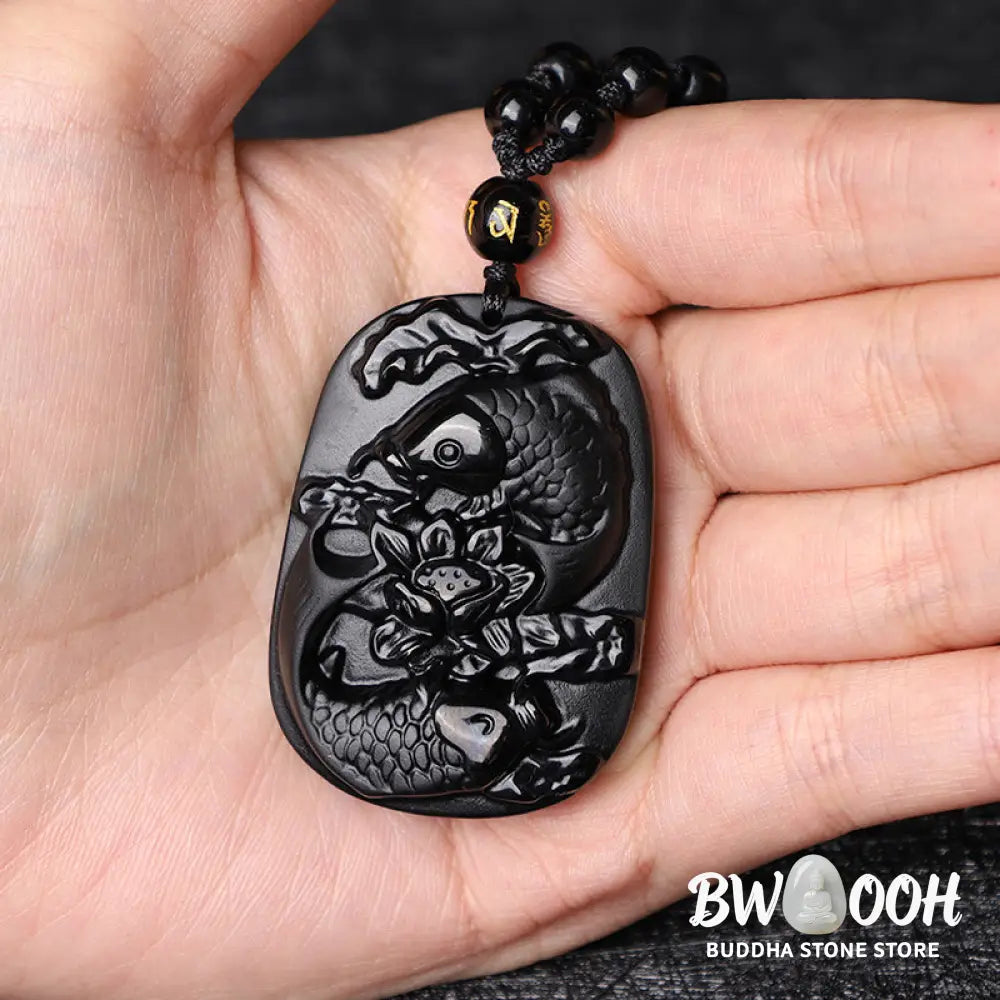 Buddha Stones Natural Black Obsidian Koi Fish Lotus Strength Beaded Necklace Pendant - BWOOOH - Koi