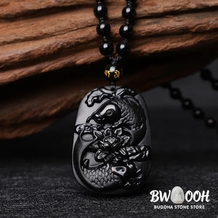 Buddha Stones Natural Black Obsidian Koi Fish Lotus Strength Beaded Necklace Pendant - BWOOOH - Koi