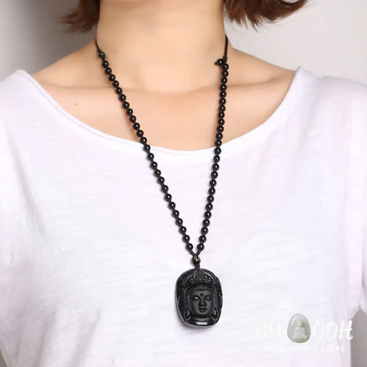 Buddha Stones Natural Black Obsidian Kwan Yin Avalokitesvara Strength String Necklace Pendant - BWOOOH - Black