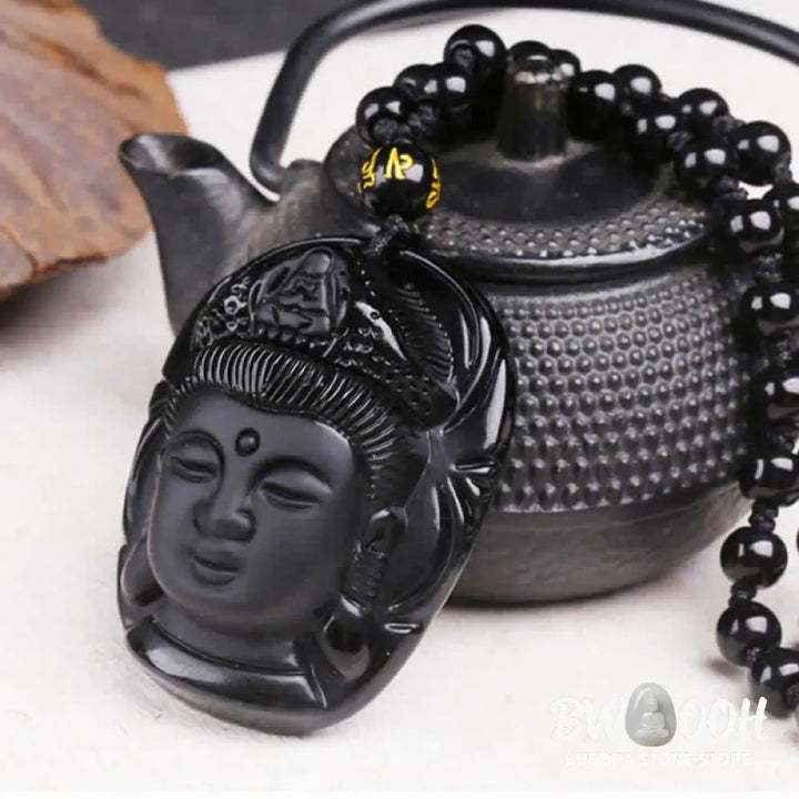 Buddha Stones Natural Black Obsidian Kwan Yin Avalokitesvara Strength String Necklace Pendant - BWOOOH - Black