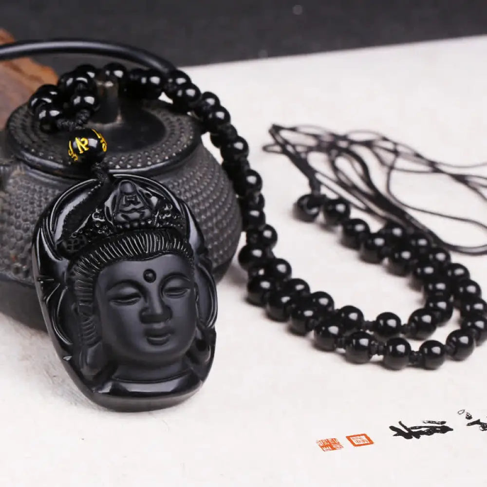 BWOOOH Natural Black Obsidian Kwan Yin Avalokitesvara carved pendant on adjustable string necklace for protection and grounding