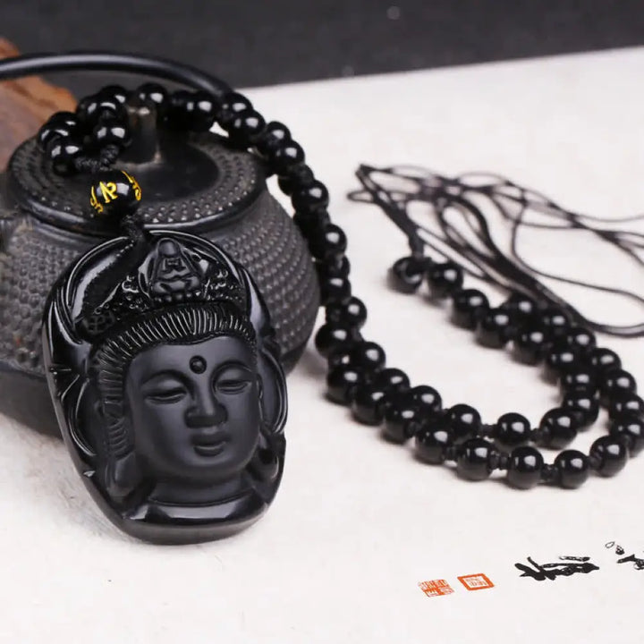 BWOOOH Natural Black Obsidian Kwan Yin Avalokitesvara carved pendant on adjustable string necklace for protection and grounding