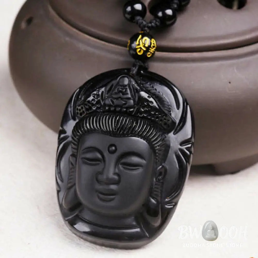Buddha Stones Natural Black Obsidian Kwan Yin Avalokitesvara Strength String Necklace Pendant - BWOOOH - Black