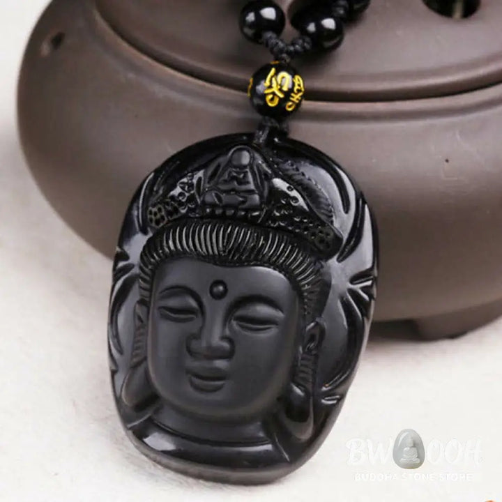Buddha Stones Natural Black Obsidian Kwan Yin Avalokitesvara Strength String Necklace Pendant - BWOOOH - Black