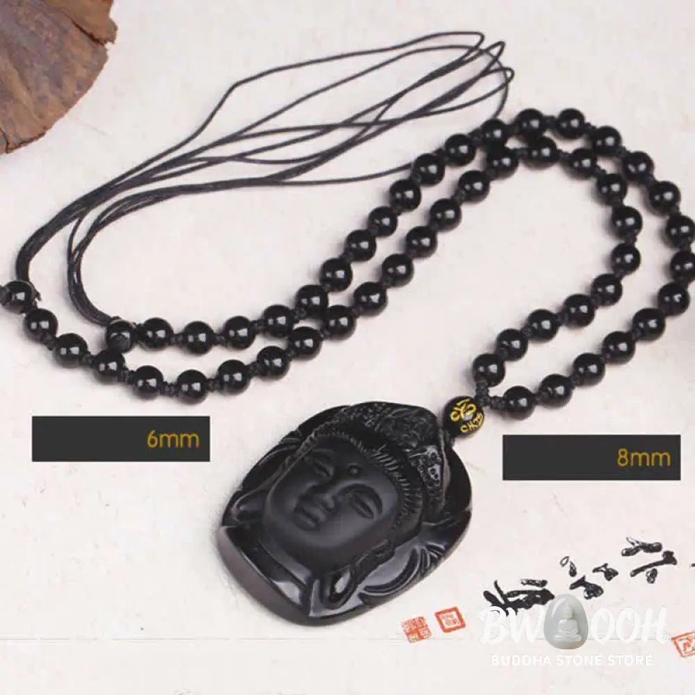 Buddha Stones Natural Black Obsidian Kwan Yin Avalokitesvara Strength String Necklace Pendant - BWOOOH - Black