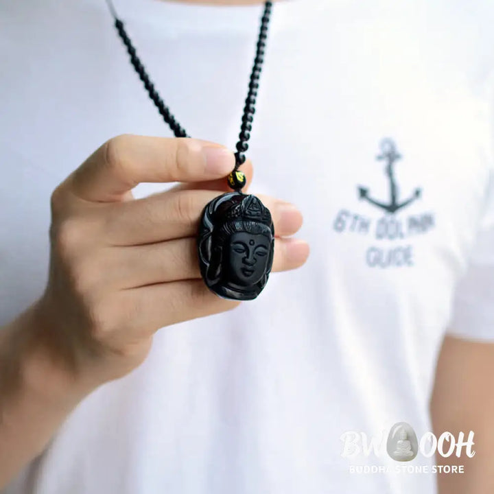 Buddha Stones Natural Black Obsidian Kwan Yin Avalokitesvara Strength String Necklace Pendant - BWOOOH - Black