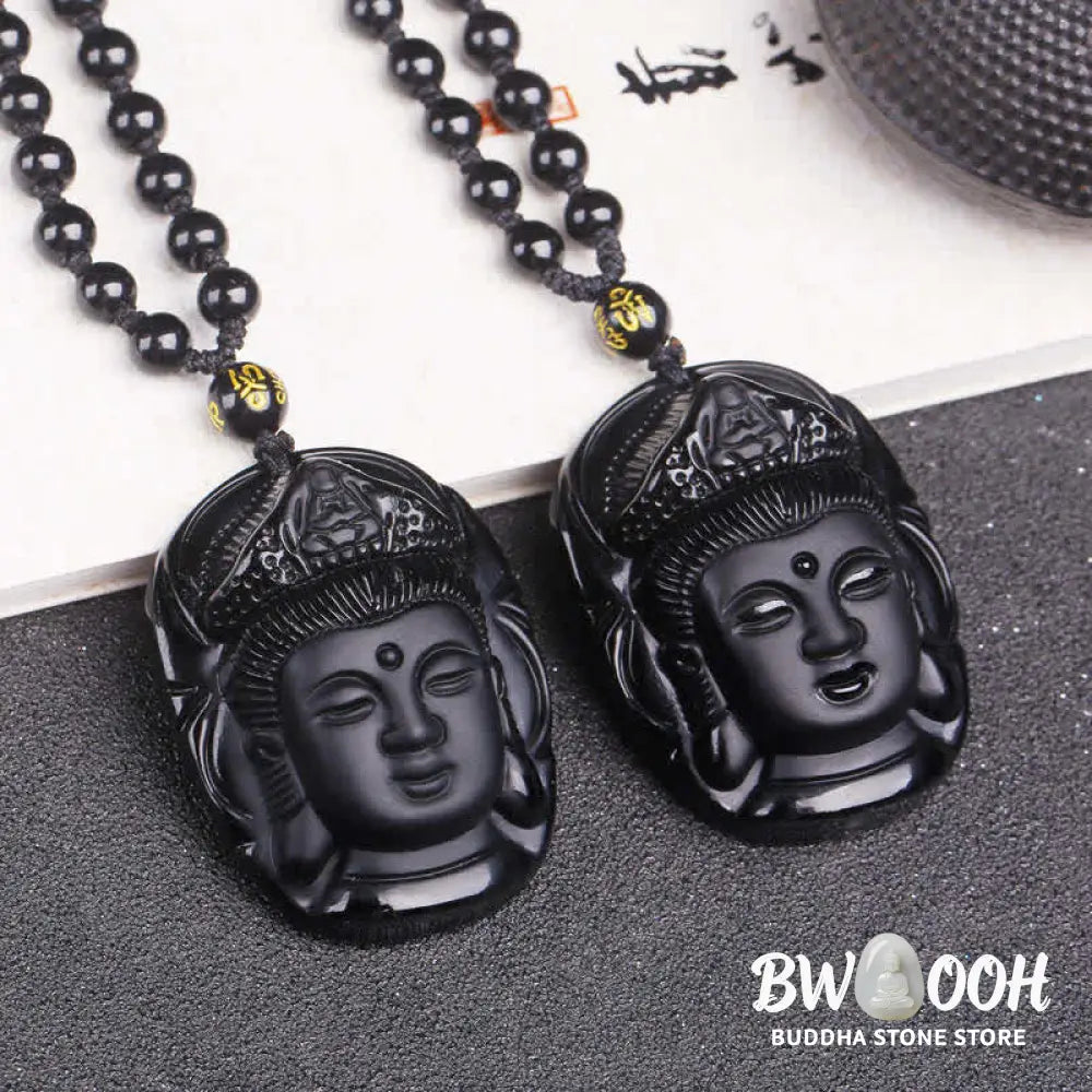 Buddha Stones Natural Black Obsidian Kwan Yin Avalokitesvara Strength String Necklace Pendant - BWOOOH - Black