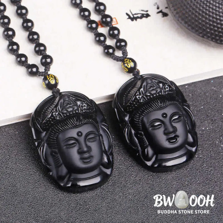 Buddha Stones Natural Black Obsidian Kwan Yin Avalokitesvara Strength String Necklace Pendant - BWOOOH - Black