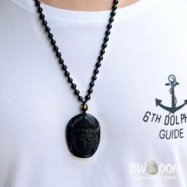 Buddha Stones Natural Black Obsidian Kwan Yin Avalokitesvara Strength String Necklace Pendant - BWOOOH - Black