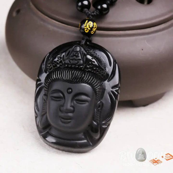 Buddha Stones Natural Black Obsidian Kwan Yin Avalokitesvara Strength String Necklace Pendant - BWOOOH - Black
