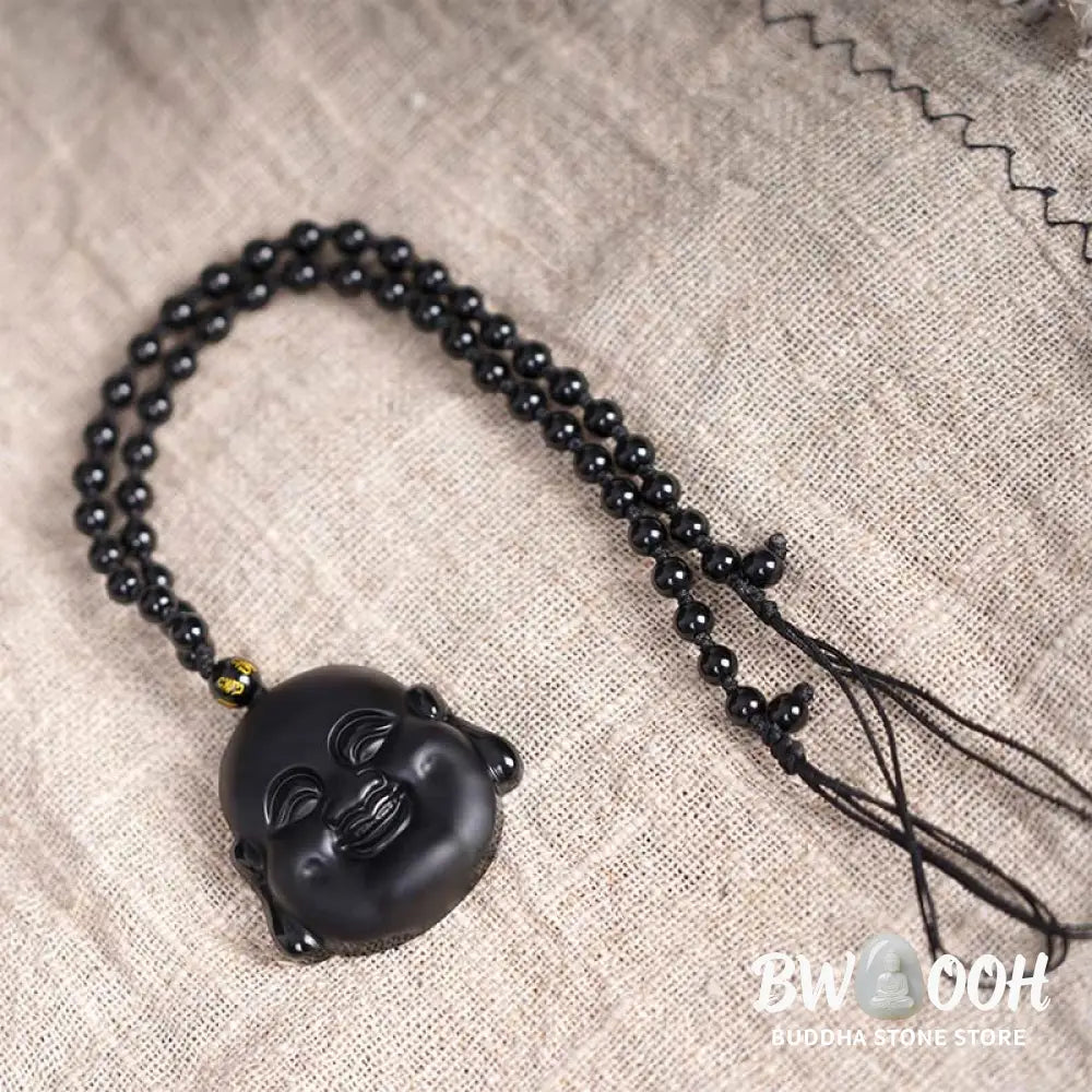Buddha Stones Natural Black Obsidian Laughing Buddha Purification Necklace Pendant - BWOOOH - Laughing Buddha Pendant