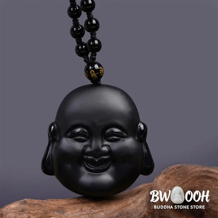 Buddha Stones Natural Black Obsidian Laughing Buddha Purification Necklace Pendant - BWOOOH - Laughing Buddha Pendant