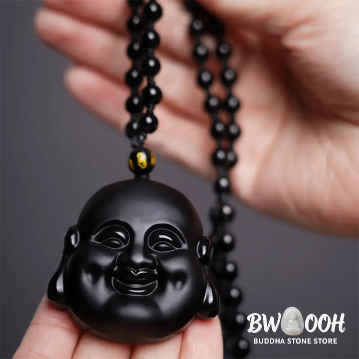 Buddha Stones Natural Black Obsidian Laughing Buddha Purification Necklace Pendant - BWOOOH - Laughing Buddha Pendant