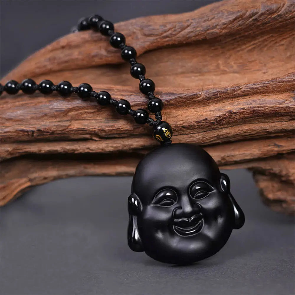 Buddha Stones Natural Black Obsidian Laughing Buddha Purification Necklace Pendant - BWOOOH - Laughing Buddha Pendant