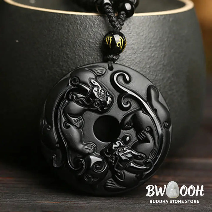 Buddha Stones Natural Black Obsidian Peace Buckle Pixiu Bead Rope Strength Necklace Pendant - BWOOOH - Black Obsidian