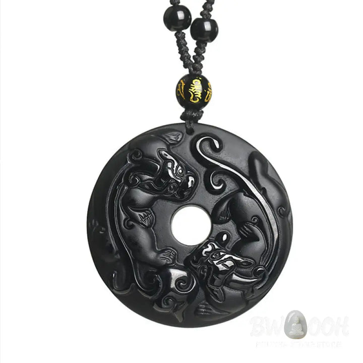 Buddha Stones Natural Black Obsidian Peace Buckle Pixiu Bead Rope Strength Necklace Pendant - BWOOOH - Black Obsidian