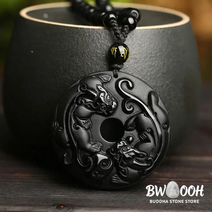 Buddha Stones Natural Black Obsidian Peace Buckle Pixiu Bead Rope Strength Necklace Pendant - BWOOOH - Black Obsidian