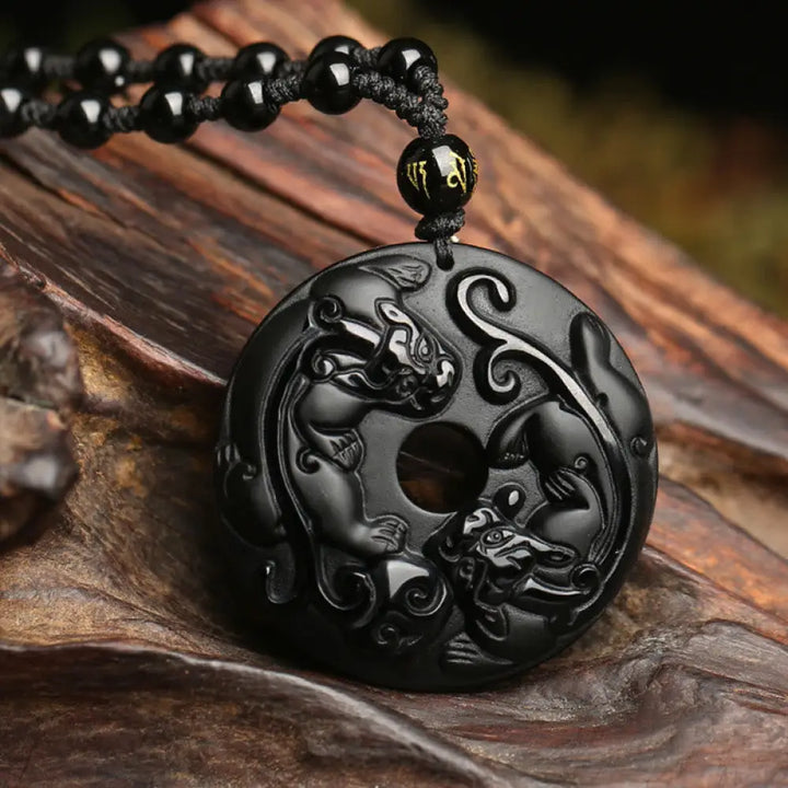 BWOOOH Natural Black Obsidian Peace Buckle Pixiu Bead Rope Strength Necklace Pendant 65cm