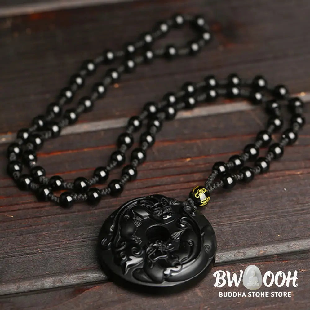 Buddha Stones Natural Black Obsidian Peace Buckle Pixiu Bead Rope Strength Necklace Pendant - BWOOOH - Black Obsidian