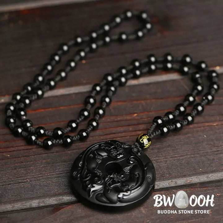 Buddha Stones Natural Black Obsidian Peace Buckle Pixiu Bead Rope Strength Necklace Pendant - BWOOOH - Black Obsidian