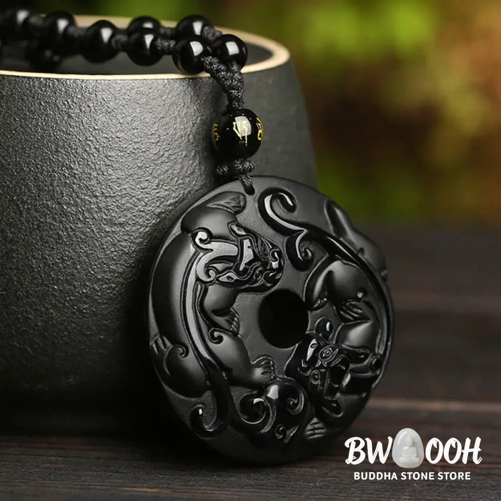Buddha Stones Natural Black Obsidian Peace Buckle Pixiu Bead Rope Strength Necklace Pendant - BWOOOH - Black Obsidian