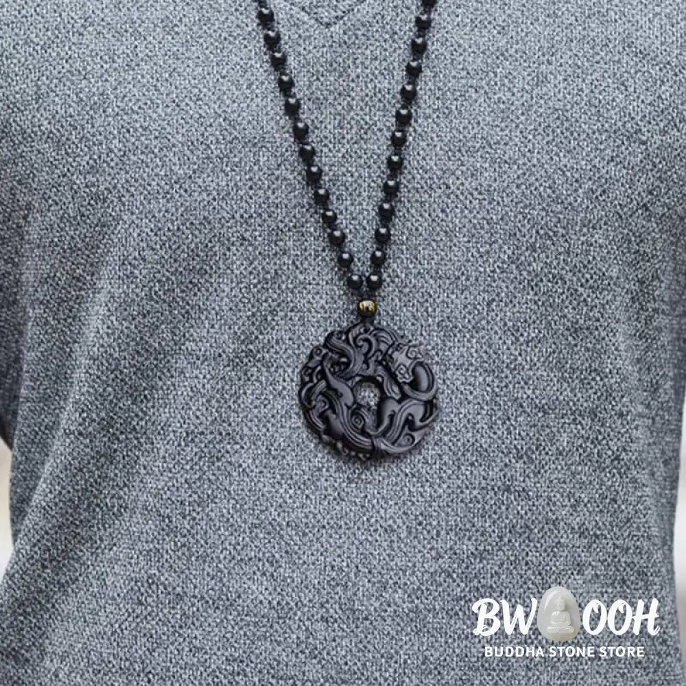 Buddha Stones Natural Black Obsidian Peace Buckle Pixiu Purification Necklace Pendant - BWOOOH - Black Obsidian