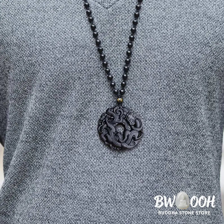 Buddha Stones Natural Black Obsidian Peace Buckle Pixiu Purification Necklace Pendant - BWOOOH - Black Obsidian