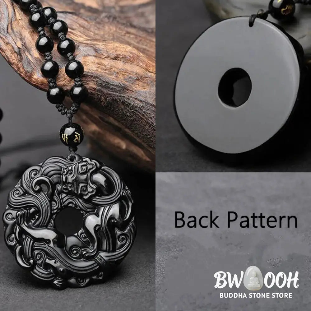 Buddha Stones Natural Black Obsidian Peace Buckle Pixiu Purification Necklace Pendant - BWOOOH - Black Obsidian