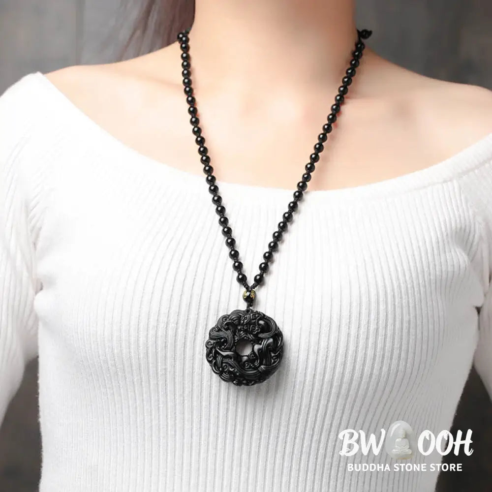 Buddha Stones Natural Black Obsidian Peace Buckle Pixiu Purification Necklace Pendant - BWOOOH - Black Obsidian