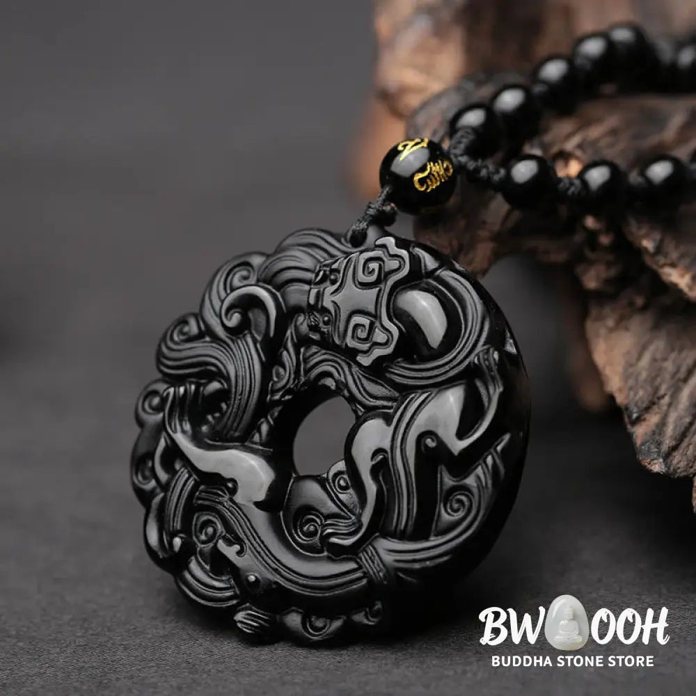 Buddha Stones Natural Black Obsidian Peace Buckle Pixiu Purification Necklace Pendant - BWOOOH - Black Obsidian