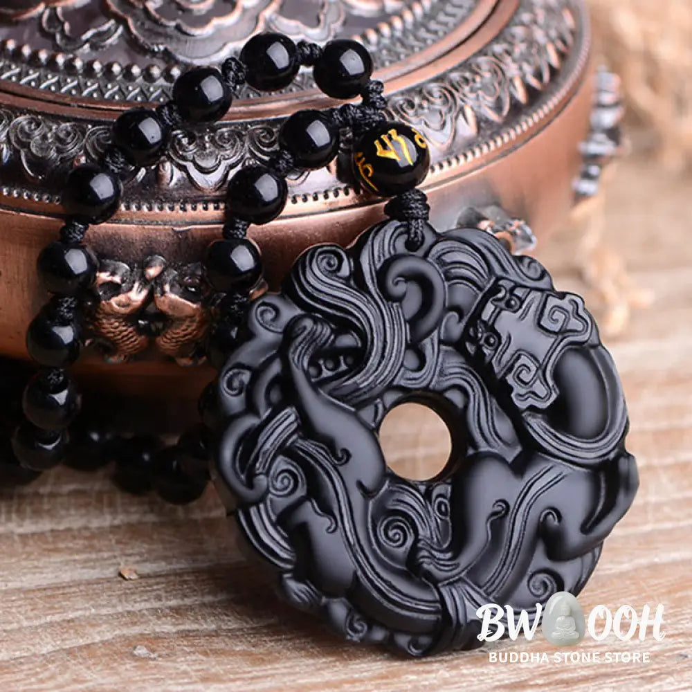 Buddha Stones Natural Black Obsidian Peace Buckle Pixiu Purification Necklace Pendant - BWOOOH - Black Obsidian