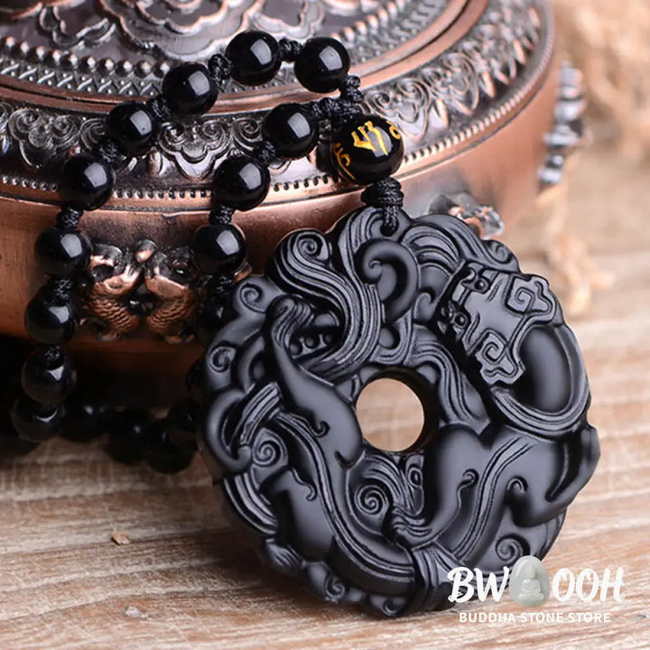 Buddha Stones Natural Black Obsidian Peace Buckle Pixiu Purification Necklace Pendant - BWOOOH - Black Obsidian
