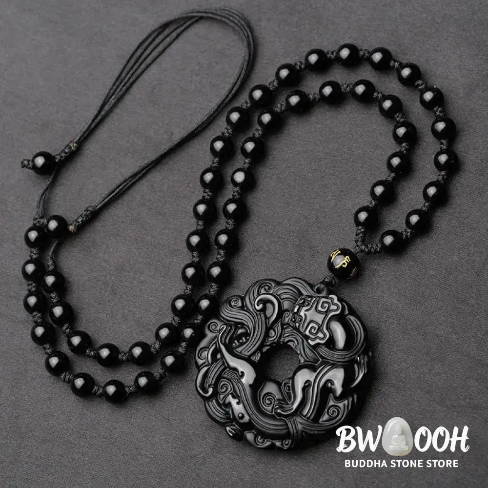 Buddha Stones Natural Black Obsidian Peace Buckle Pixiu Purification Necklace Pendant - BWOOOH - Black Obsidian