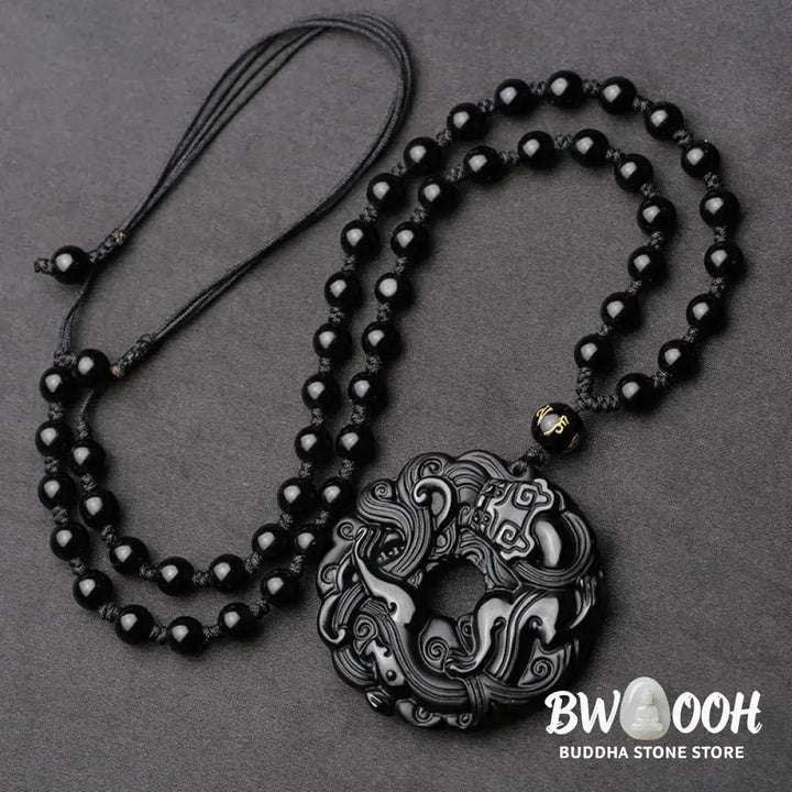 Buddha Stones Natural Black Obsidian Peace Buckle Pixiu Purification Necklace Pendant - BWOOOH - Black Obsidian
